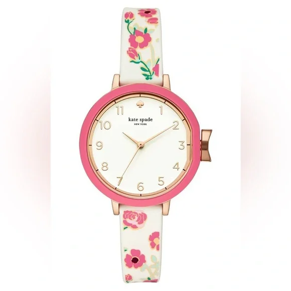 NWT Kate Spade New York Park Row Floral White Pink Silicone Strap Watch 34mm - Picture 1 of 6